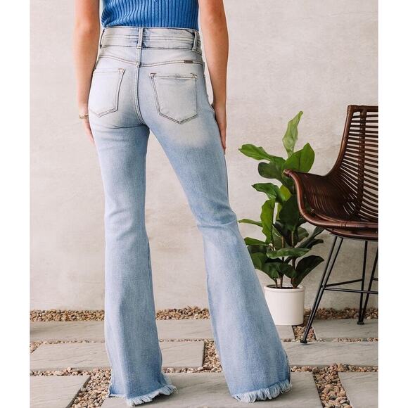 KanCan Signature High Rise Flare Stretch Jeans Light Wash Raw Hem Size 28 Womens - Picture 4 of 9